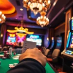 Adegan agen slot yang mendebarkan dengan meja kasino berwarna-warni, chip kemenangan, dan pemain yang bersemangat.