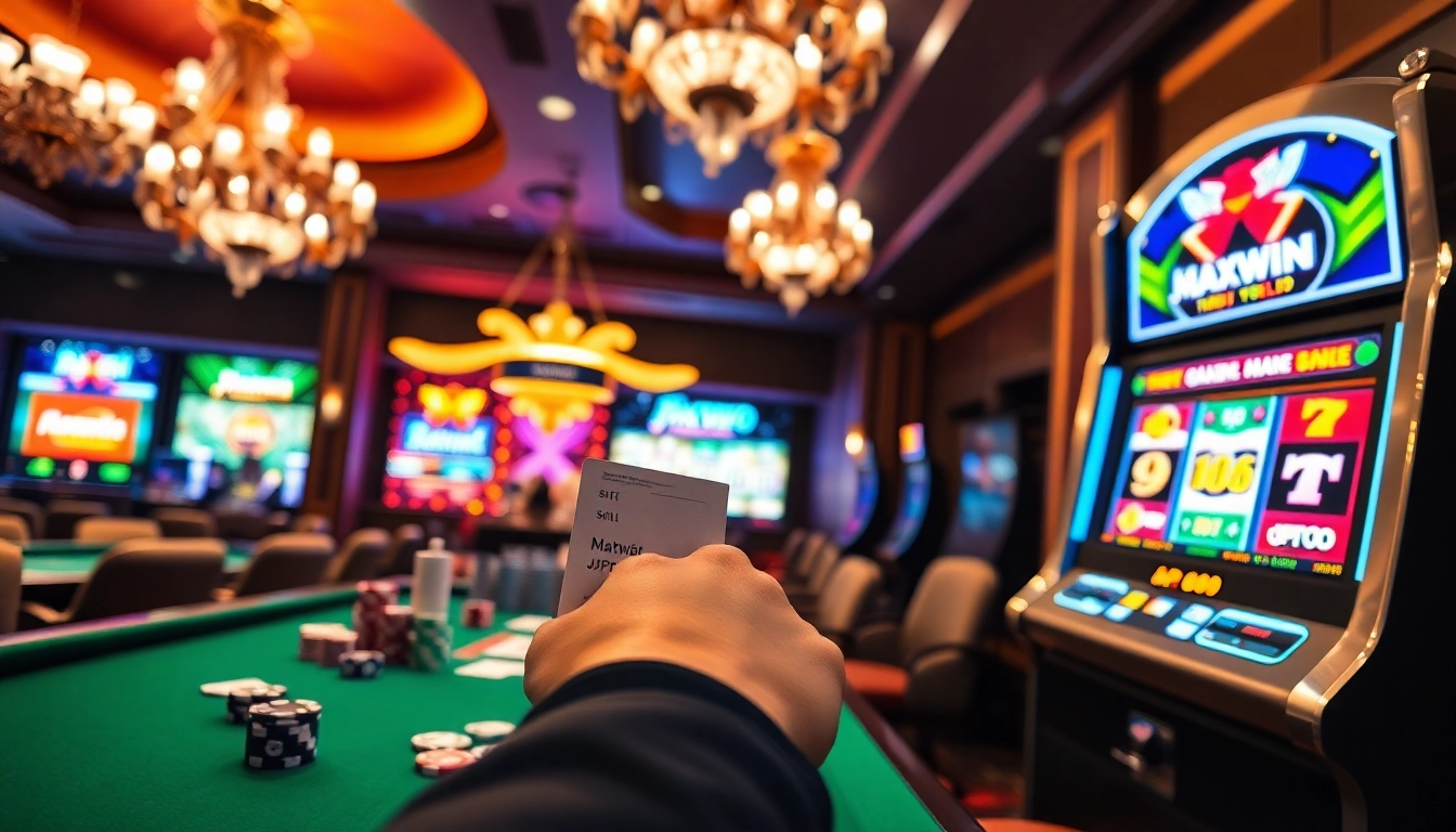 Adegan agen slot yang mendebarkan dengan meja kasino berwarna-warni, chip kemenangan, dan pemain yang bersemangat.