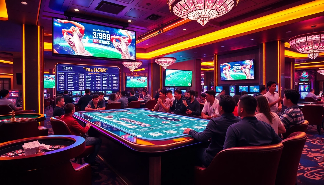 Engaging scene of Judi Piala Dunia betting excitement in a lively casino atmosphere featuring bettors and dynamic odds display.