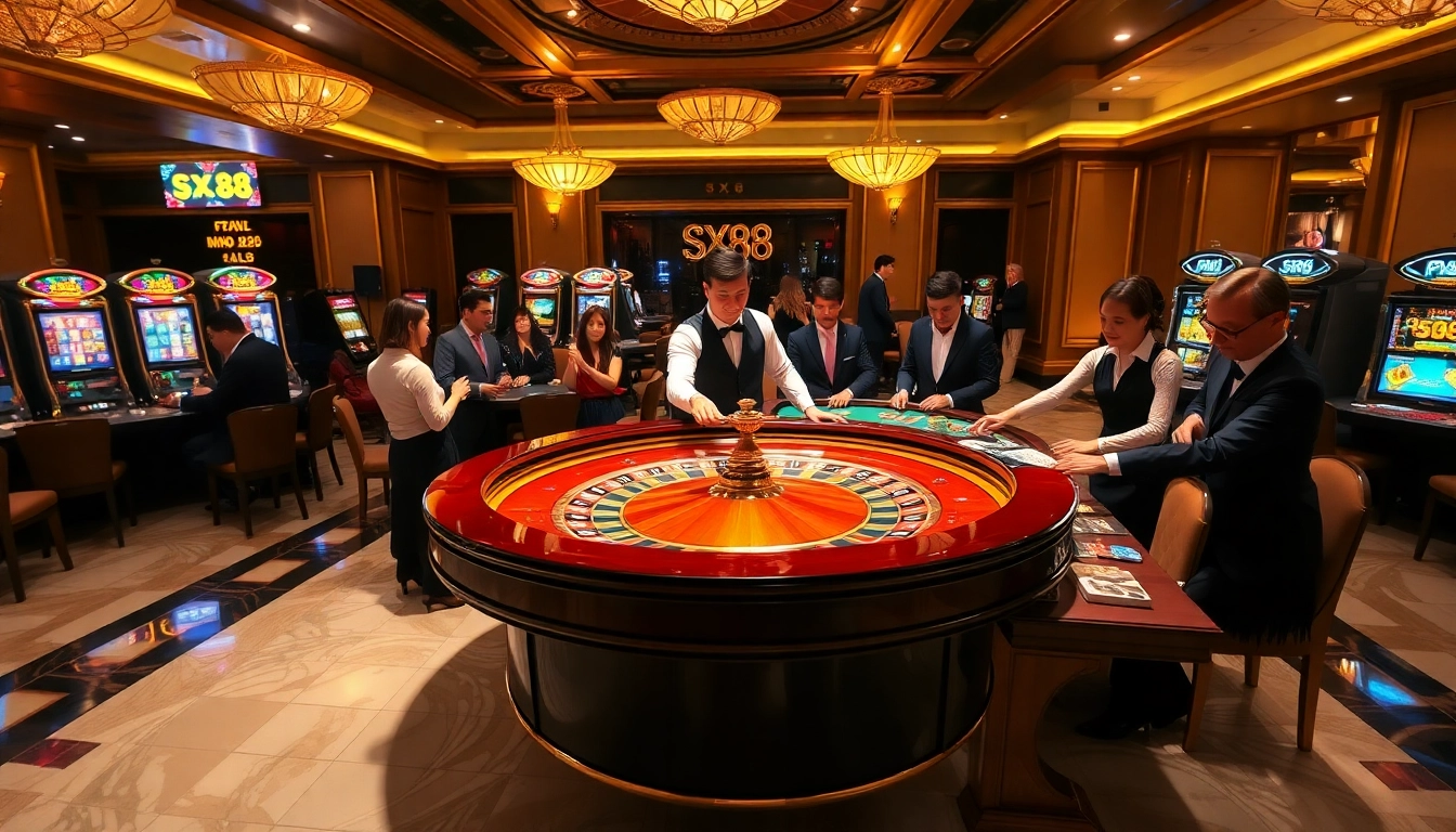 Players strategically engaging in high-stakes roulette at sx88's luxurious casino scene.