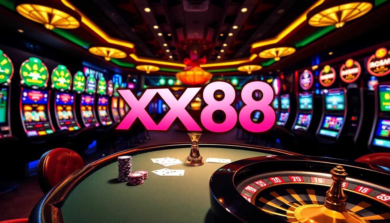 Players engaging in thrilling games at XX88's luxurious casino with poker chips and roulette.