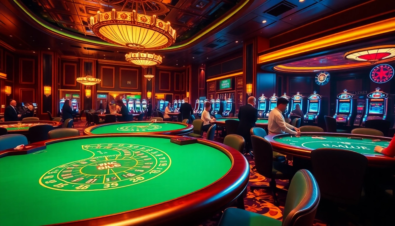 Engaged players in an exciting casino setting at 8kbet with vibrant tables and slot machines.
