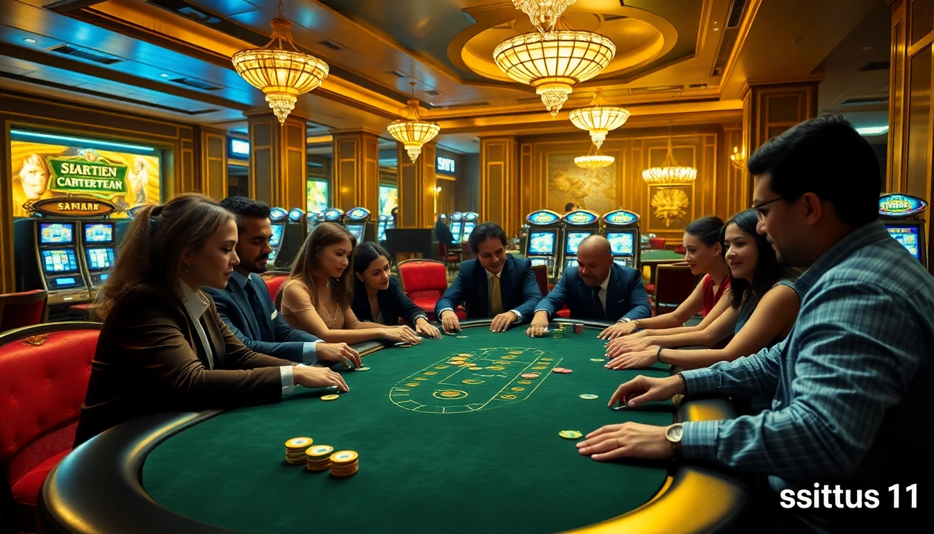 Players enjoying a thrilling game at situs11 poker table in an upscale casino.