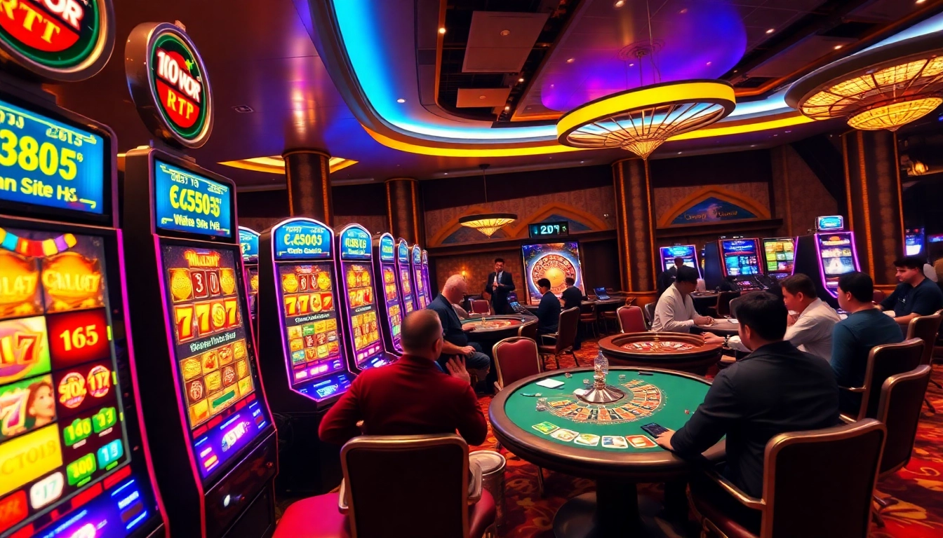 Players enjoying RTP Slot Gacor games in a luxurious casino setting filled with vibrant machines.