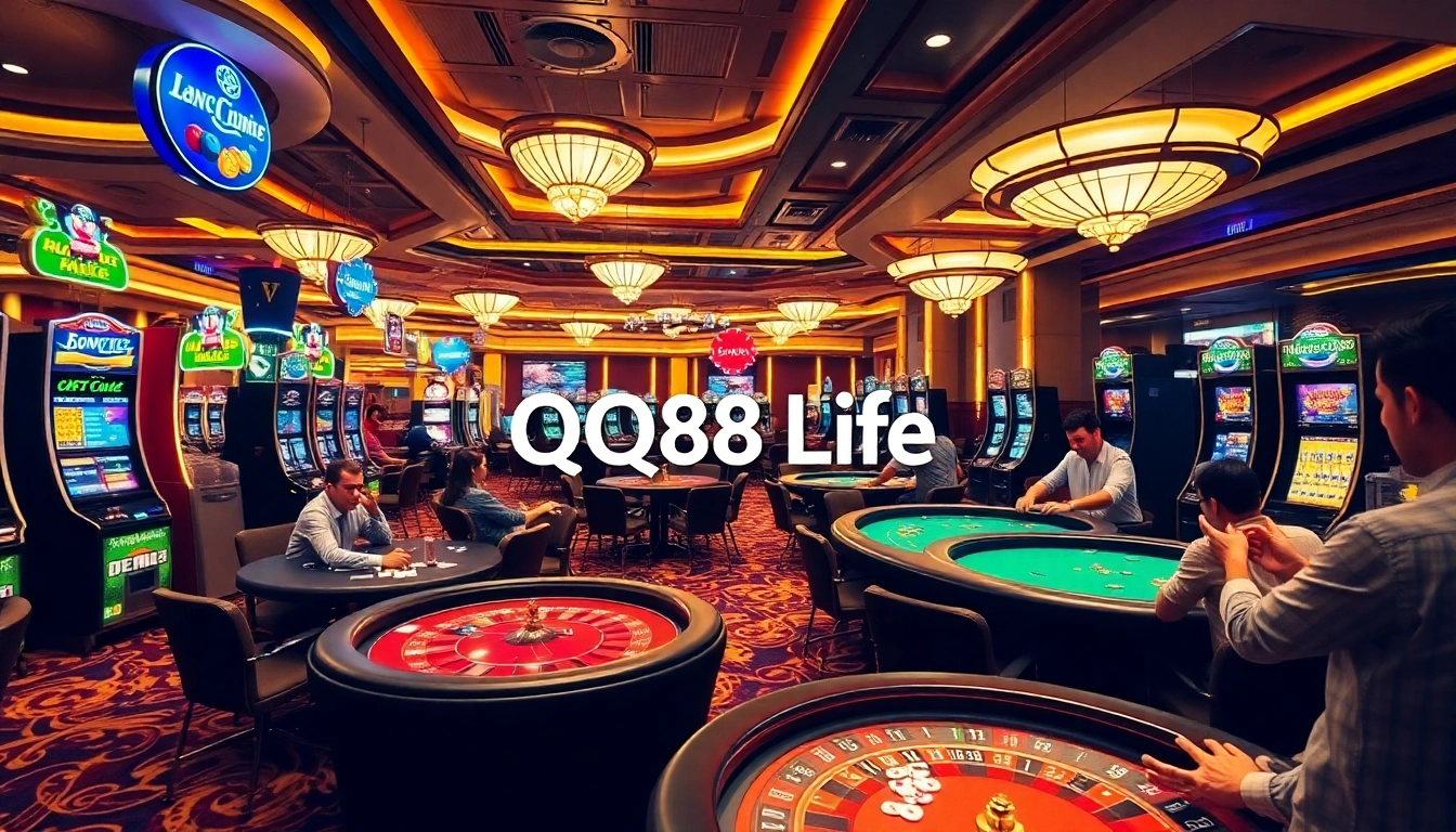 Experience the thrill of gambling with QQ88 Life, featuring vibrant casino tables and colorful slot machines.