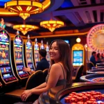 Players enjoying slot machines in a luxurious casino environment while engaging with vibrant themes.