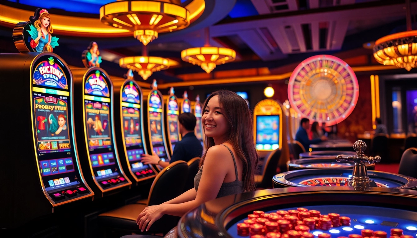 Players enjoying slot machines in a luxurious casino environment while engaging with vibrant themes.