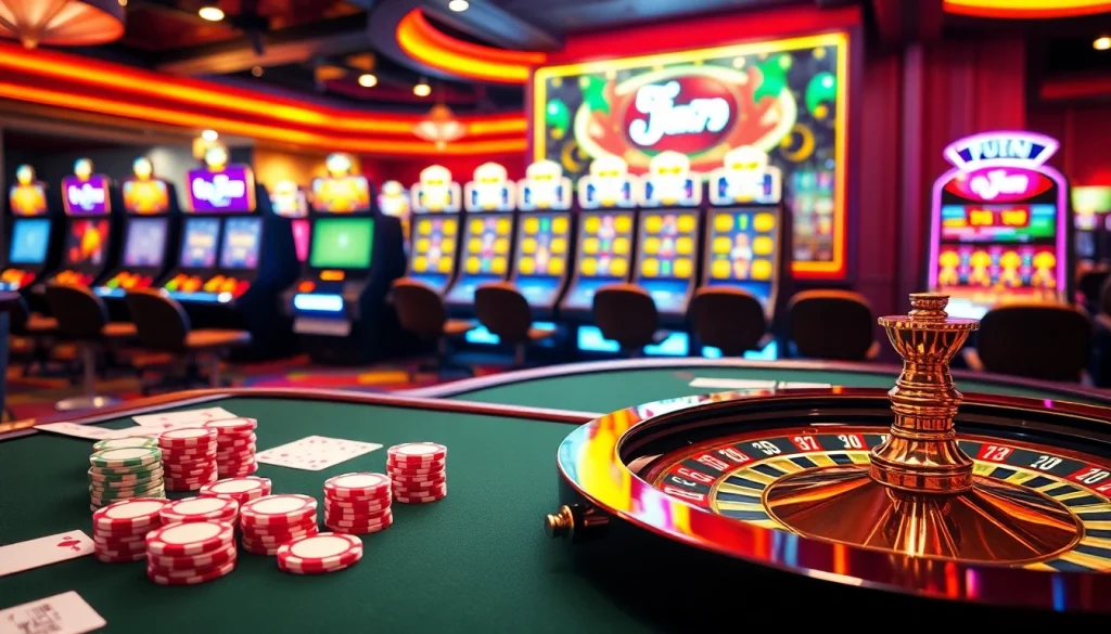 Experience thrilling gaming at fun79 with vibrant poker chips and elegant casino tables.