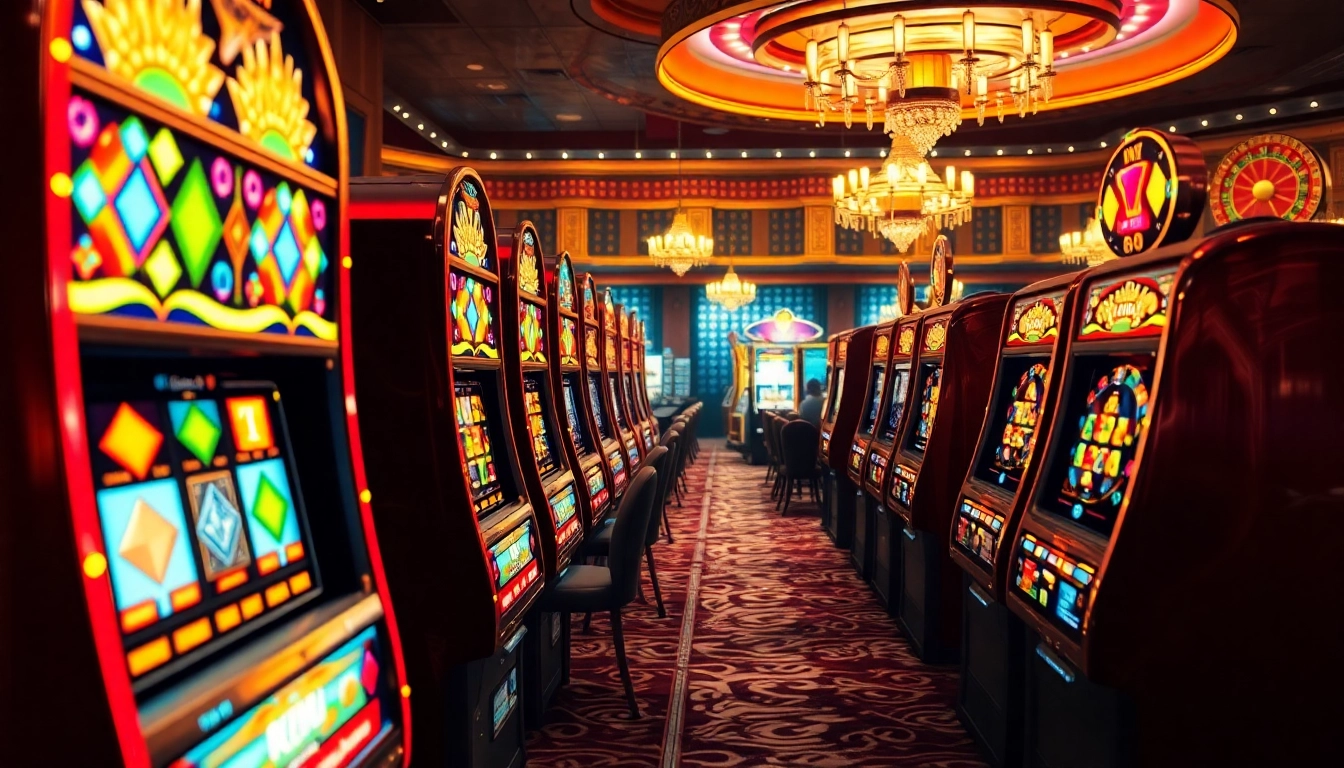 Slot machines illuminate the casino ambiance with vibrant colors and exciting gameplay.