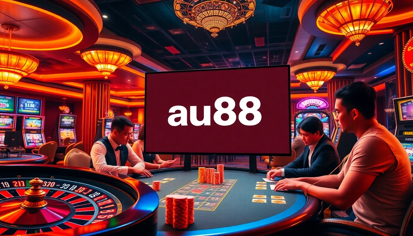 Engaging players at an au88 casino table amidst colorful chips and warm lighting.