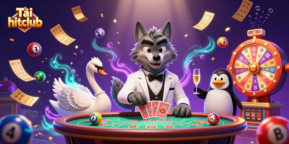 Tải hitclub and enjoy vibrant gambling adventures with a debonair wolf and elegant swan in a 3D casino scene.