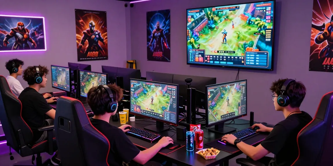 Gamers enjoying a thrilling session on AA88.com with vibrant screens and modern setups, highlighting dynamic online gaming.