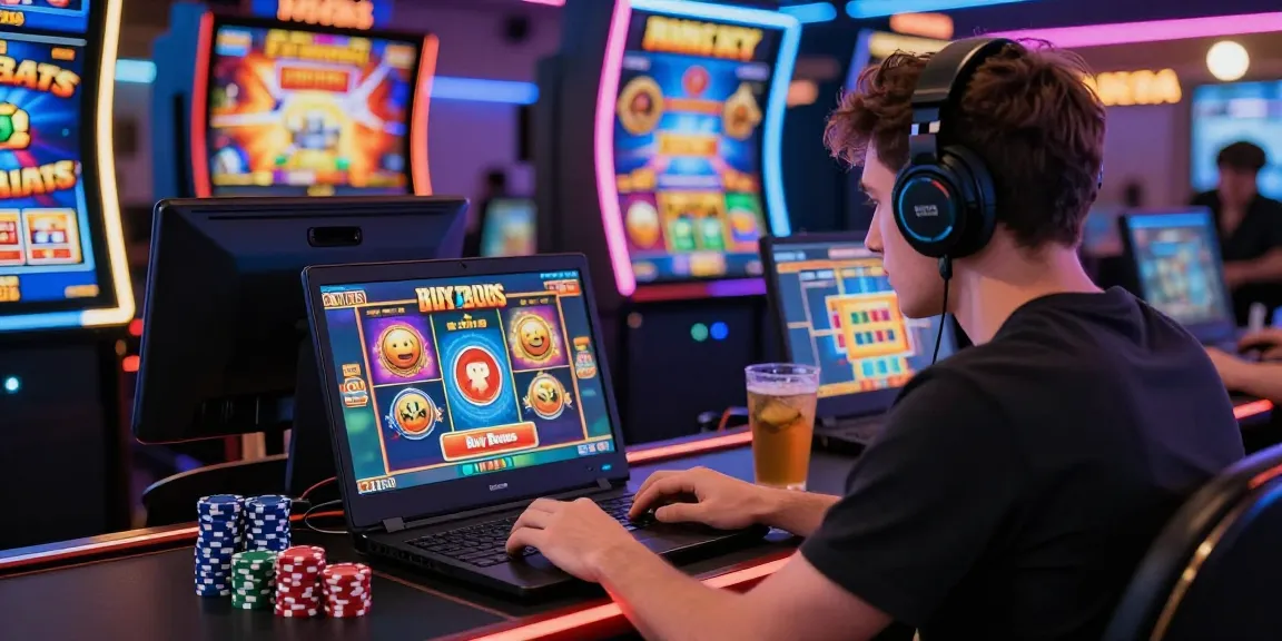 Player engaging with bonus buy slots on a laptop, surrounded by colorful gaming elements highlighting excitement.