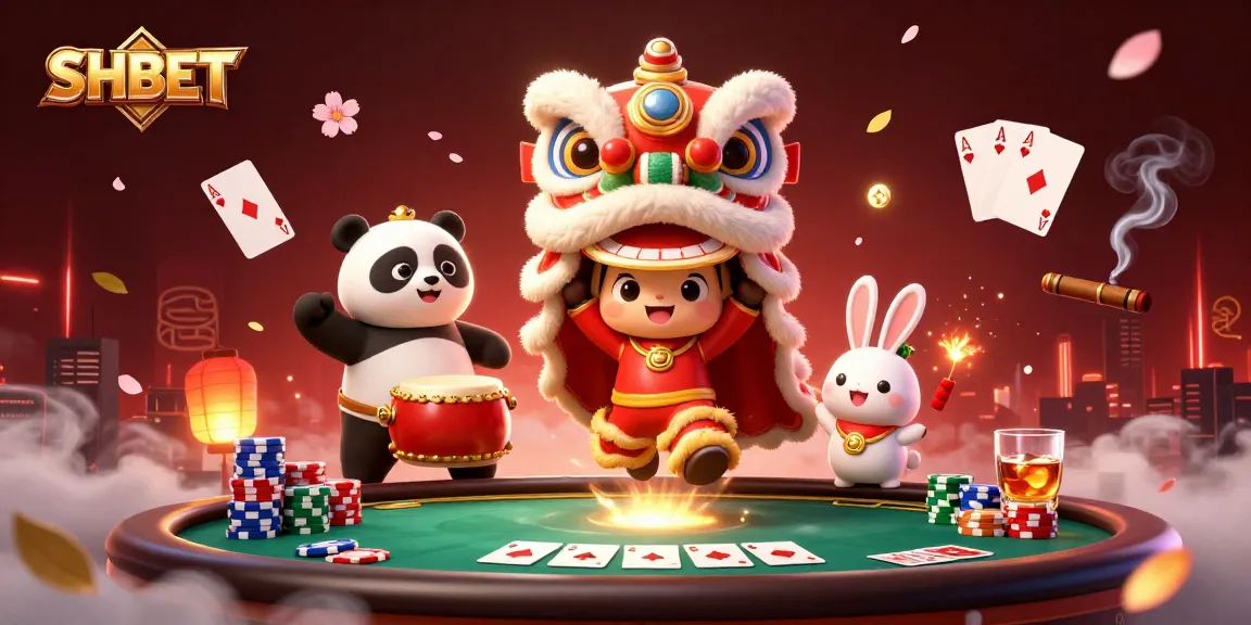 Experience thrilling gaming with SHBET's vibrant casino scene featuring lively characters and poker elements.