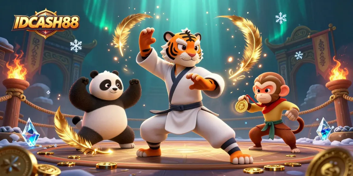 Engage with IDCASH88 slots featuring intense action, golden coins flying, and characters in an energetic casino scene.